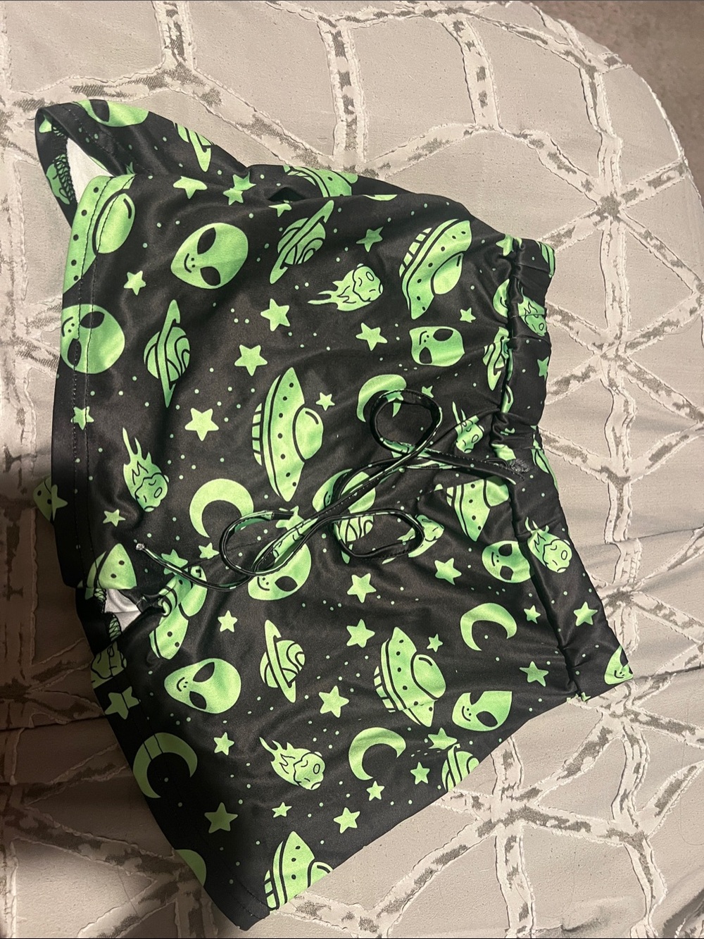 Alien & UFO Print Black Swim Shorts - Neon Green Space Pattern